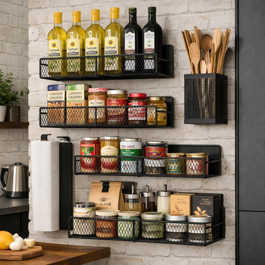 The Container Store® Magnetic Spice Rack for Refrigerator, 2-Pack Metal Shelf with Hooks for Kitchen Storage