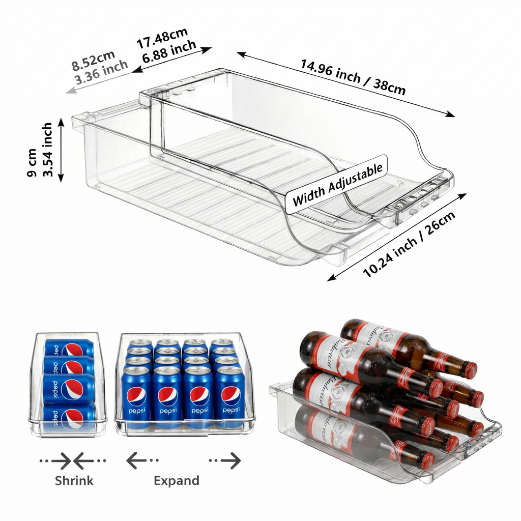 The Container Store® Adjustable Soda Can Organizer for Refrigerator, Expandable Can Dispenser for Fridge and Pantry