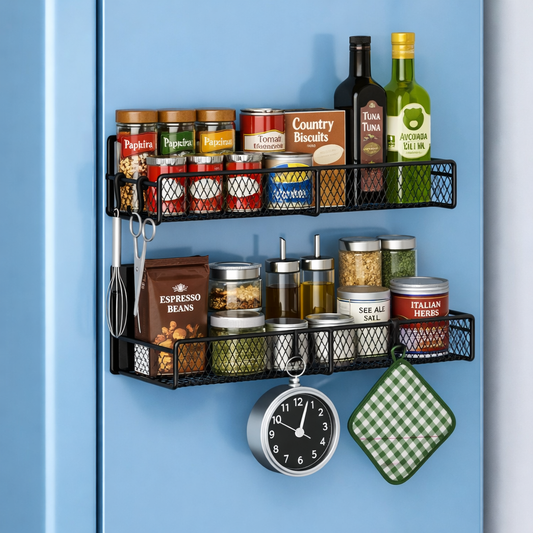 The Container Store® Magnetic Spice Rack for Refrigerator, 2-Pack Metal Shelf with Hooks for Kitchen Storage