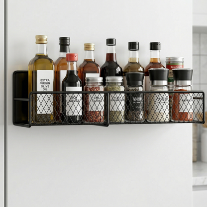 The Container Store® Magnetic Spice Rack for Refrigerator, 2-Pack Metal Shelf with Hooks for Kitchen Storage