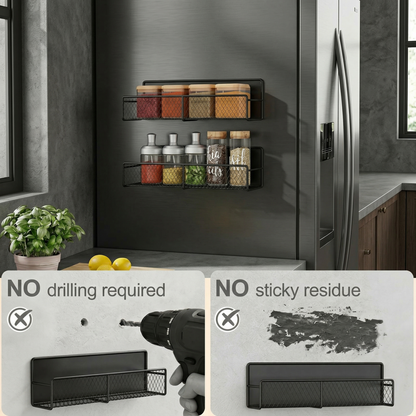 The Container Store® Magnetic Spice Rack for Refrigerator, 2-Pack Metal Shelf with Hooks for Kitchen Storage
